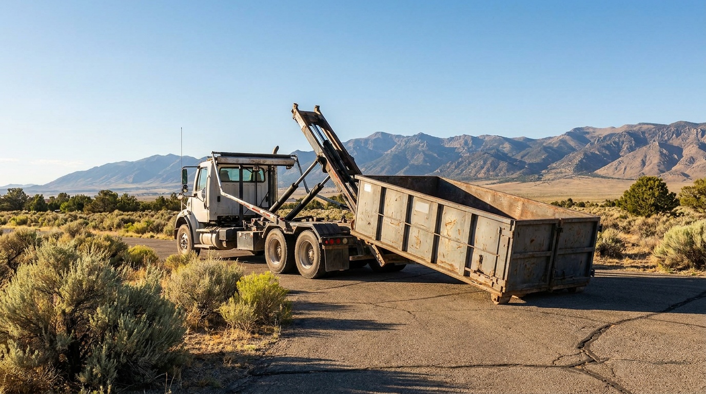 Roll-off truck delivering a dumpster in Visalia
