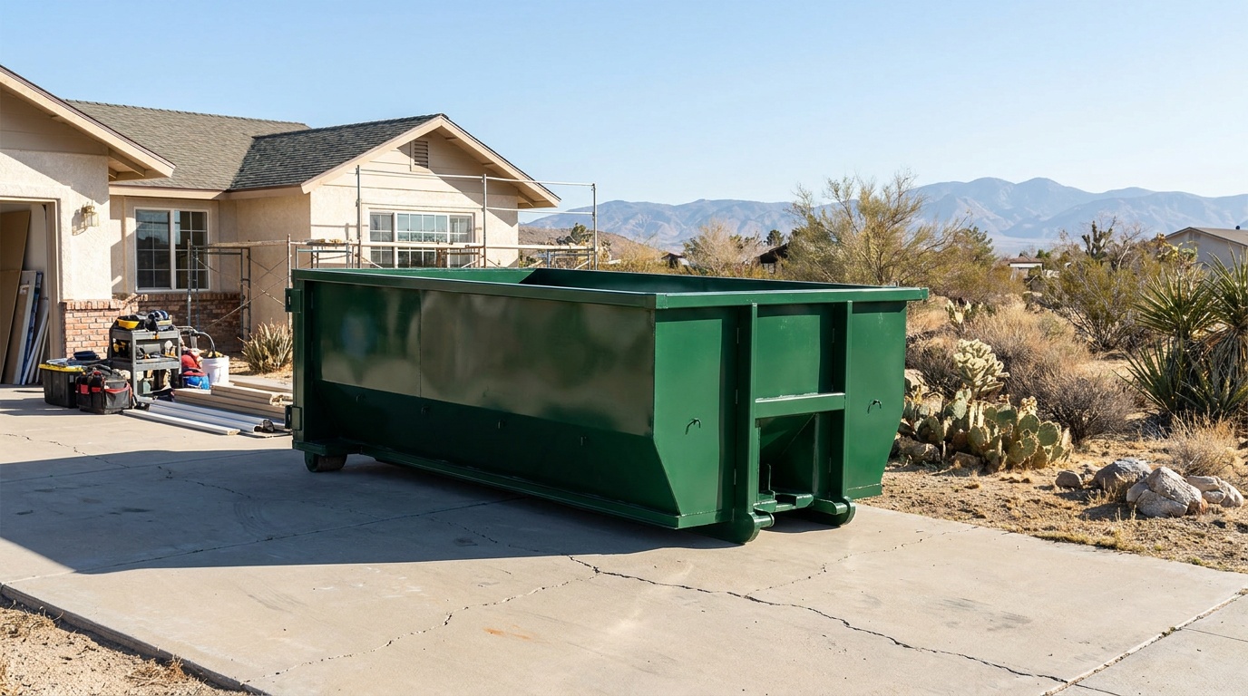 Roll-off dumpster on a residential driveway in Visalia