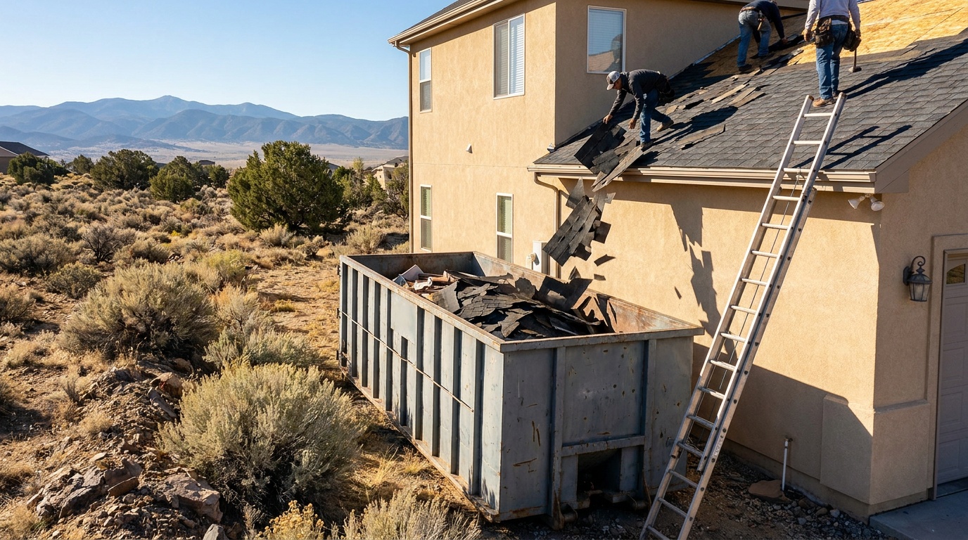 Roofing dumpster during a tear-off in Visalia